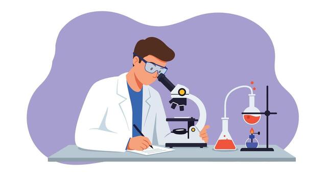 Scientist in Lab Coat Observing Through Microscope with Flasks. vector