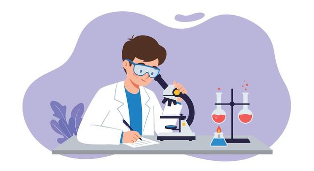 Scientist in Lab Coat Examining Specimen Under Microscope with Test Tubes. vector