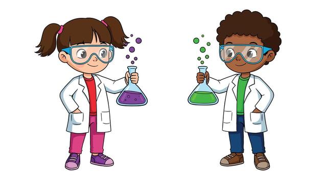 Two young cartoon children in lab coats and goggles conducting a science experiment with colorful liquids in flasks. vector