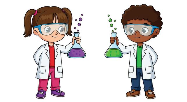 Two diverse cartoon children in lab coats conducting a science experiment with colorful liquids in beakers. vector