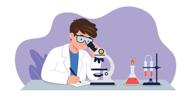 Young scientist in lab coat observing through microscope and taking notes vector