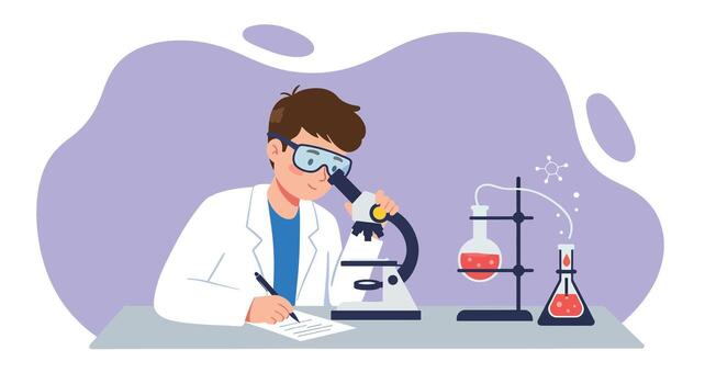 Young scientist in lab coat observing through microscope and taking notes. vector