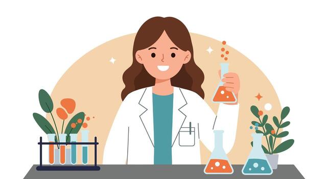 alegre hembra científico en laboratorio Saco conductible experimentar con matraces y plantas. vector