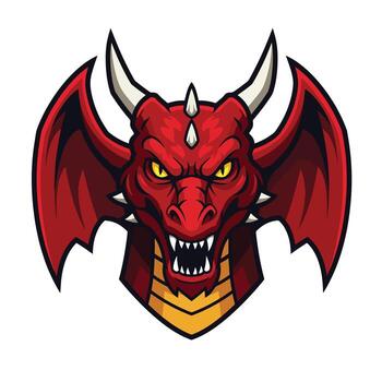 Fierce Red Dragon Head with Sharp Horns and Wings. vector