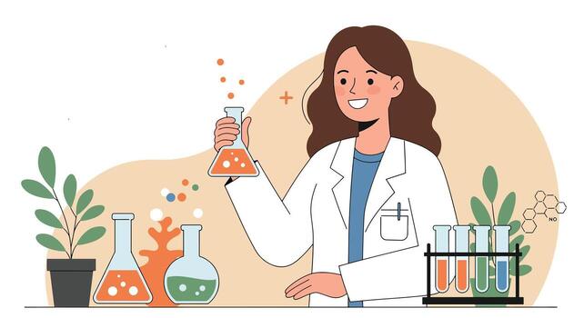 Woman scientist in lab coat conducting experiment with flasks and test tubes. vector