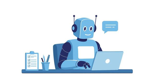 simpático azul robot trabajando en un ordenador portátil a un escritorio con un Lista de Verificación. vector