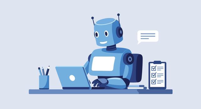 simpático azul robot trabajando en un ordenador portátil a un escritorio con un bloc. vector