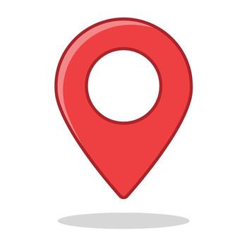 Red location pin icon with a white circle inside casting a shadow. vector