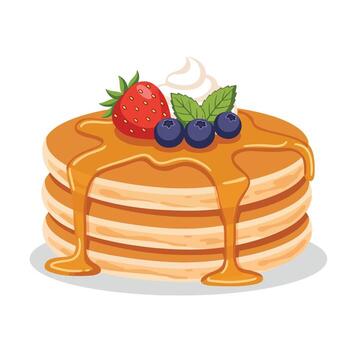 apilar de dorado panqueques rociado con jarabe y coronado con Fresco bayas y crema. vector