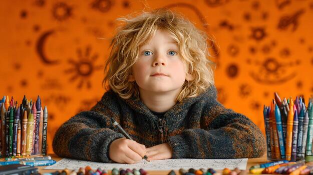A young kid is learning and creating art, sitting at a table full of colorful drawing tools, looking up with curious eyes. photo
