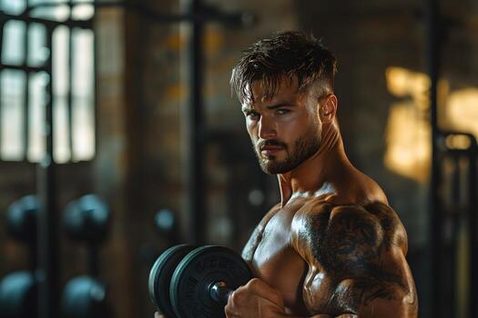 A fit man performs a bicep curl with a dumbbell, displaying his powerful muscles during an intense gym fitness session. photo