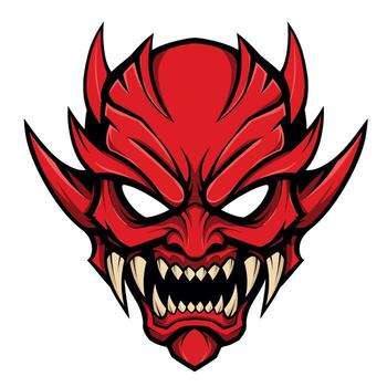 Intense Red Devil Mask with Sharp Teeth and Horns. vector