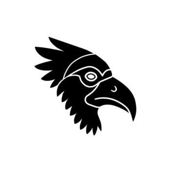 Stylized Black Bird Head Silhouette with Sharp Beak and Feathers. vector