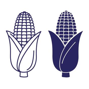 Simple outline illustrations of corn on the cob in two distinct monochrome styles vector