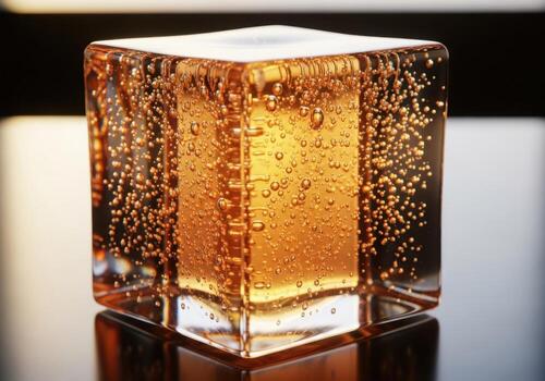 Close-up macro shot of a luminous golden cube object with internal sparkling textures and reflections showcasing intricate detail and radiant light. photo