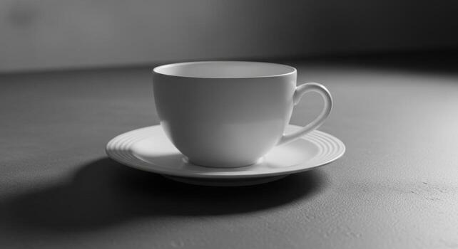 Steaming white coffee cup and saucer casting a dramatic shadow on a textured surface photo