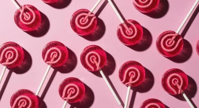 Sweet red swirl lollipops arranged in a delightful pattern on a soft pink surface photo