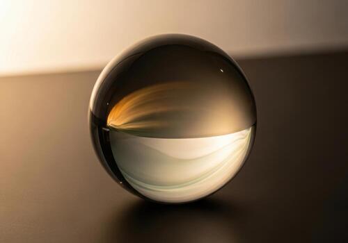 Crystal sphere reflection capturing warm golden hour light and detailed textures on a subtle surface photo