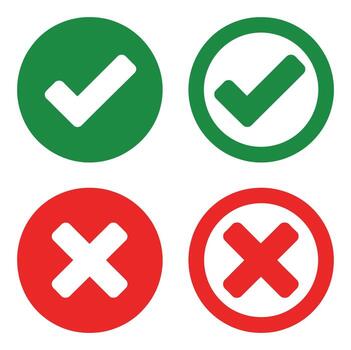Green Check Mark and Red Cross Mark Icons, Validation Symbols on White Background vector