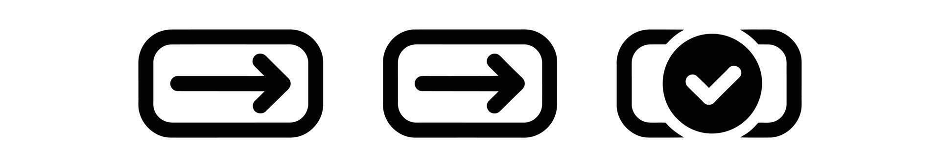 Three Icons Right Arrows in Rectangles and a Check Mark in a Circle vector
