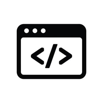 Code Window Icon Black HTML Symbol on White Background, Software Development vector