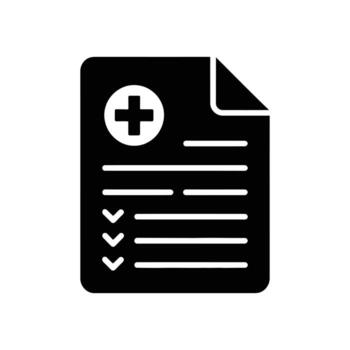 Black Health Record Document with Checkmarks, Medical Plus Symbol and Folded Corner Icon vector