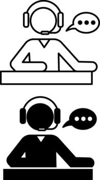 Support Icons. Black and White Illustrations. A Customer Support Representative Talking to a Customer via Microphone. Online Support, Help, and Assistance. Feedback Concept vector
