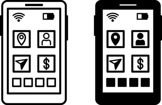 App Icons. Black and White Illustrations. Geolocation, User, Dollar Sign, Wi-Fi, Buttons, and Battery. Program Installed on a Mobile Phone or Running in a Browser. Download Concept vector