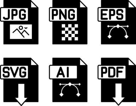 Black File Icons JPG, , EPS, SVG, AI, and PDF. Illustrations of Documents in Various Formats. For Apps, Advertising, Websites, Buttons, UI, UX Interfaces, Isolated on White Background vector