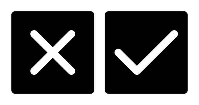 tick and x in square, OK check mark and X cross icon symbol, black and white vector