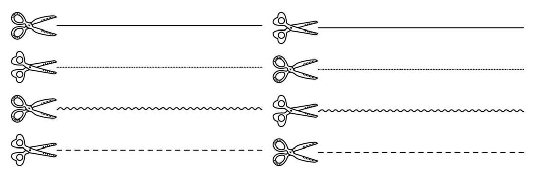 Scissors black line cutter set, monochrome shears with cutting lines. Cut lines across paper pages, signs in various styles vector