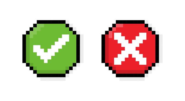 Retro pixel art green check and red cross icons for design projects vector
