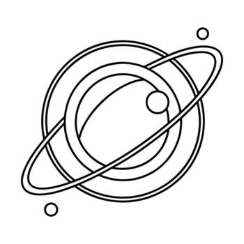 Stylized outline of a ringed planet with moons in orbit around it vector