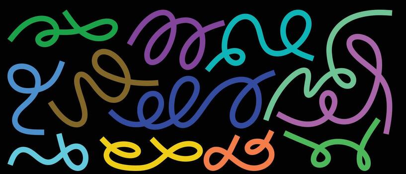 Vibrant neon glow sticks create abstract swirls and curves on a dark background vector