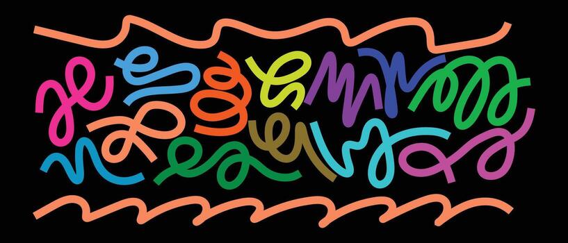 Vibrant neon scribbles and wavy lines on a dark background artistic design vector