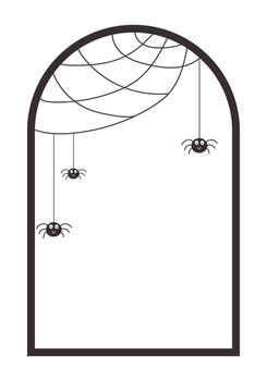 Halloween black silhouette arch with spider web and spiders hang from the web cut out of paper. Cute spooky vertical transparent templates with copy space. vector