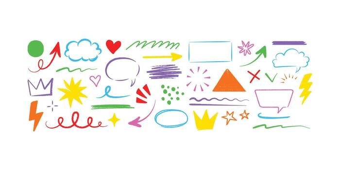 Colorful Hand-Drawn Doodle Elements Set. Arrows, Speech Bubbles, Stars, Clouds, and Abstract Shapes in Crayon Sketch Style vector