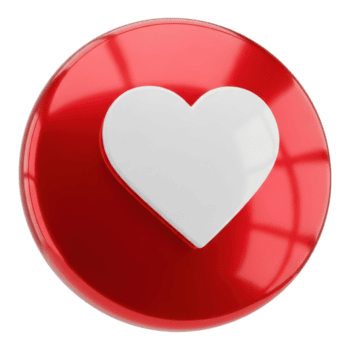 Red round button with white heart isolated on transparent background, 3d rendering png
