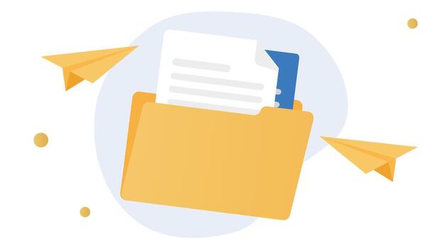 carpeta con documentos y volador papel aviones vector