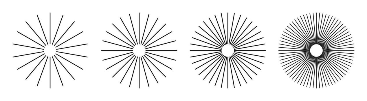sets Radial circle lines circular radiating geometric shapes resembling sun rays. Abstract design element. vector