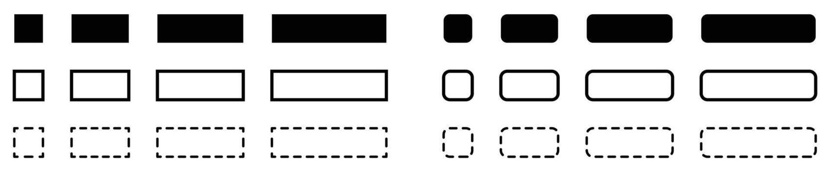 Set of simple black and white rounded rectangle icons, usable as buttons, Set of various rounded rectangle icons in black and white. Includes solid black. vector