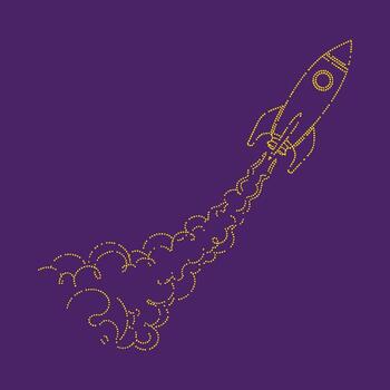 Stylized rocket taking off with dotted lines and smoke trails on a deep purple , symbolizing innovation and space exploration vector