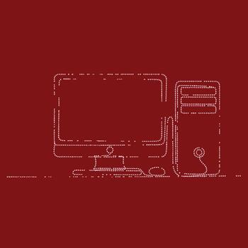 Minimalist line drawing of a desktop computer setup with monitor, tower, and accessories on a solid vector