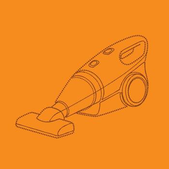 Modern handheld vacuum cleaner with ergonomic design and multiple control buttons on a vibrant orange vector