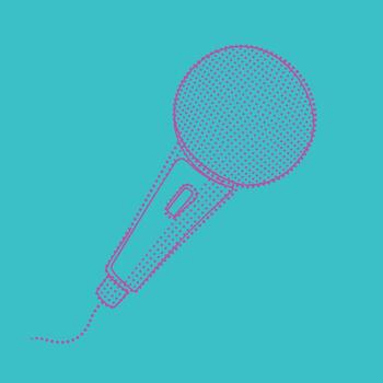 Stylized digital drawing of a handheld microphone with a dotted halftone pattern on a vibrant blue vector