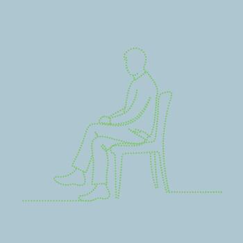 Minimalist outline of a person sitting on a chair with legs crossed and hands resting on lap, depicted in dotted line style against a plain vector
