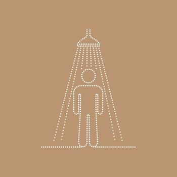 Minimalist figure standing under a large, cone-shaped structure with dotted lines on a neutral vector