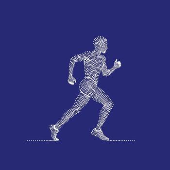 Dynamic silhouette of a running human figure composed of dots on a solid emphasizing movement and energy vector