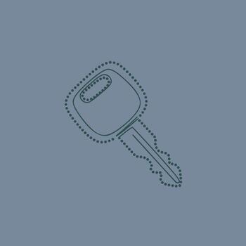 Minimalist outline of a car key with a rectangular head and a long, narrow blade on a muted vector