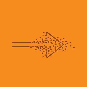 Abstract digital arrow symbol composed of scattered dots and lines on a vibrant orange vector